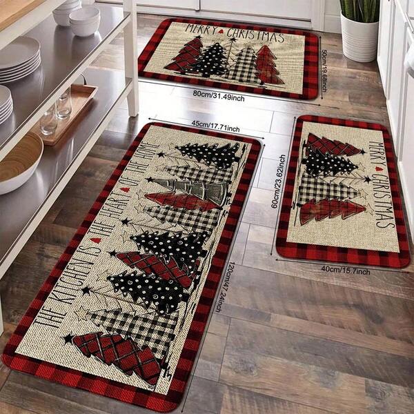 1/2/3pcs Christmas Kitchen Carpet, Red Checkered Christmas Tree Decoration Floor Mat, Anti-Slip Christmas Kitchen Floor Mat, Thickened Flannel Material Soft, Comfortable, Easy To Clean, Suitable For Kitchen, Bedroom, Living Room, Door, Bathroom Entrance, Laundry Room
