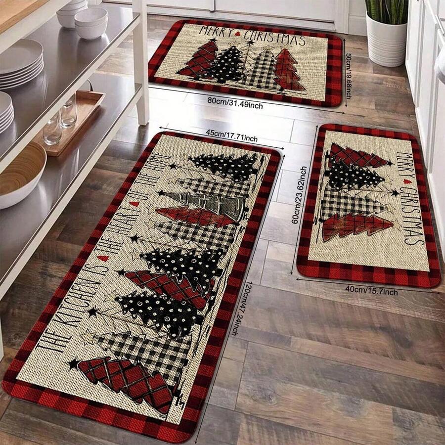 1/2/3pcs Christmas Kitchen Carpet, Red Checkered Christmas Tree Decoration Floor Mat, Anti-Slip Christmas Kitchen Floor Mat, Thickened Flannel Material Soft, Comfortable, Easy To Clean, Suitable For Kitchen, Bedroom, Living Room, Door, Bathroom Entrance, Laundry Room - 彩色 - 查看 1