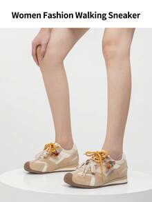 somiliss Women's Casual Sneakers With Hidden Wedge Heel, Fashion Lace-Up Bicolor Soft Bottom Trainers, Comfortable For Commuting And Daily Wear, Apricot Color - Apricot - View 8