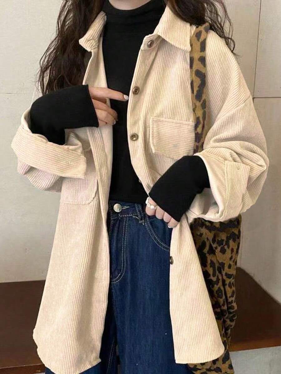 Women's Loose Fit Mid-Length Shacket, Korean Style, Spring/Autumn - Apricot - View 1