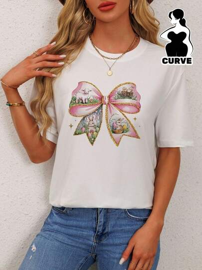 Women's White T-Shirt With Bow And Animal Print, 180g, Cotton, Round Neck, Short Sleeves, Modern And Versatile Design For Any Occasion, Ideal For Combining With Jeans, Casual And Feminine Style, Curve
