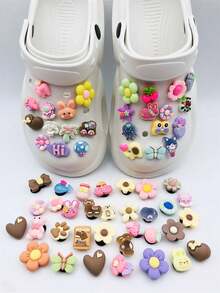 Set de 30 piezas/50 piezas/100 piezas de accesorios de zapatos DIY lindos con osos y flores de resina de dibujos animados (patrón aleatorio) - Multicolor - Ver 3