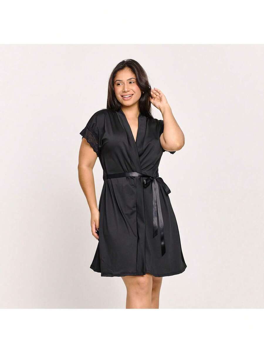 Robe Hoby Microfibra Luxo Sensual Conforto Hobby Roupão Lua De Mel Roupa De Dormir | 811 - Preto - Visão 1