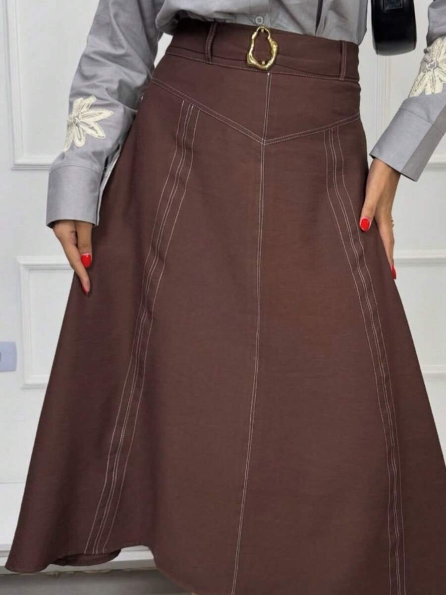 Women's Tailored Midi Skirt With Belt - Rust Brown - View 1