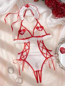 Two-Piece Female Nurse Cosplay Outfit, Including Nurse Headdress, Crotchless, See-Through Backless Bodysuit, Sexy Bodysuit And Sexy Lingerie Set.