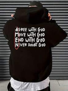 Sudadera con capucha de forro polar con estampado de letra 'Dios' para hombres - Sudadera casual negra, ajuste holgado, bolsillo delantero, poliéster ligero, lavar a mano o en, adecuada para uso casual, sudadera con capucha - Negro - Ver 6