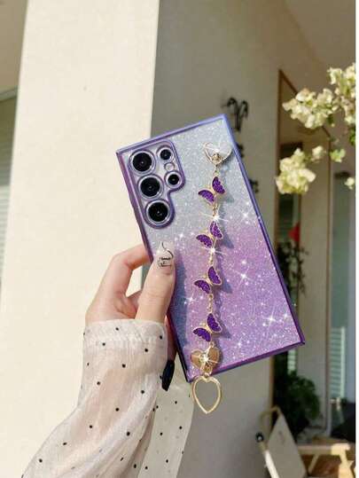Nytt telefonfodral DIY lila fjärilsarmband + glitterkartong + elektropläterat glitter: Lämplig för telefon 17 16 15 14 13 12 11 Galaxy S25 S24 23 22 21 XM MOTO och andra telefonskal