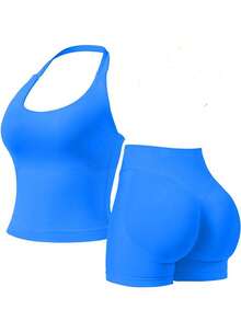 2pcs Impact Halter Top Women Impact Longline Halter Tops Workout Longline Tank Top Compression Gym Fitness - Màu xanh điện - Xem 7