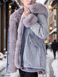 Damen Denim Jacke mit Fellkragen und Taschen für Herbst/Winter Pendeln von Risissida - Graue Haare - Übersicht 2