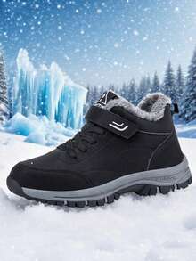 Giày bốt cổ thấp lót giữ nhiệt dành cho thanh thiếu niên/học sinh, bốt đi tuyết ngoài trời, bốt leo núi, giữ ấm, chống lạnh, chống mài mòn, chống trượt, khóa dán tiện lợi (Màu lớp lót lông không đối xứng, giao hàng ngẫu nhiên) - màu đen - Xem 1