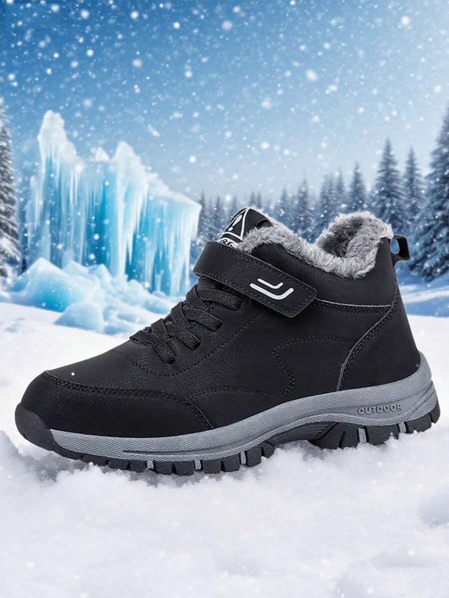 Giày bốt cổ thấp lót giữ nhiệt dành cho thanh thiếu niên/học sinh, bốt đi tuyết ngoài trời, bốt leo núi, giữ ấm, chống lạnh, chống mài mòn, chống trượt, khóa dán tiện lợi (Màu lớp lót lông không đối xứng, giao hàng ngẫu nhiên) - màu đen - Xem 1