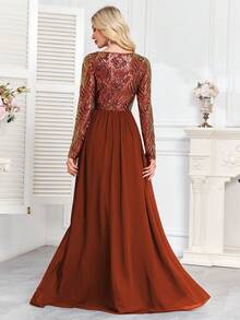 hezixi Sequin Splicing Chiffon A-Line Formal Evening Dress, V-Neck, Long Sleeve Elegant Prom Wedding Guest Gown, For Graduation, Dinner - Rust Brown - View 3