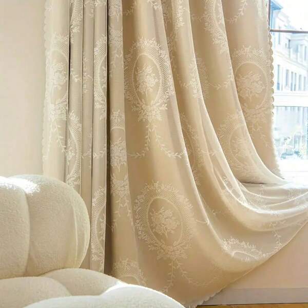 1pc Double Layer Gradient Sheer Curtain, Translucent But Not See-Through, Minimalist Double-Layer Integrated Design, Customized For Living Room/Bedroom, Nordic/French Style Embroidered Curtain With Punched Holes