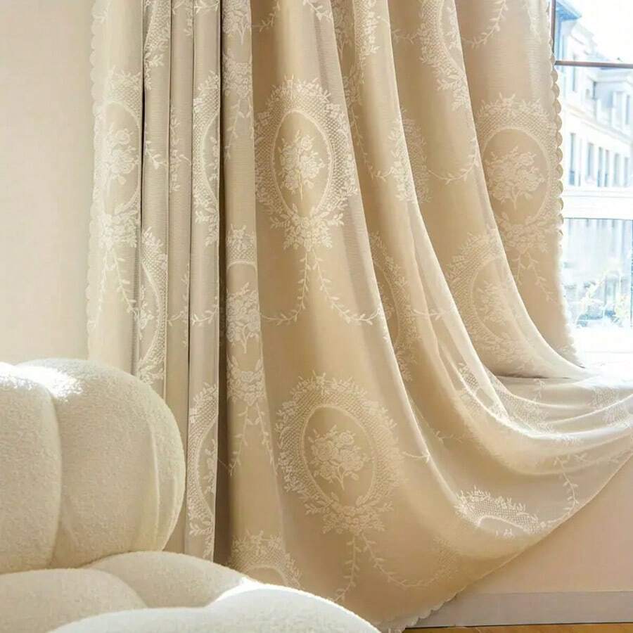 1pc Double Layer Gradient Sheer Curtain, Translucent But Not See-Through, Minimalist Double-Layer Integrated Design, Customized For Living Room/Bedroom, Nordic/French Style Embroidered Curtain With Punched Holes