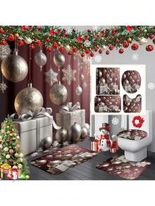 1 pieza/4 piezas Caja de regalo con bola de adorno de Navidad de lujo con tema plateado, decoración del hogar y del baño para Año Nuevo, cortina de ducha con 12 ganchos, alfombra de baño, alfombrilla en forma de U para el inodoro, tapa del inodoro, partición de baño, accesorios de baño, decoración de baño