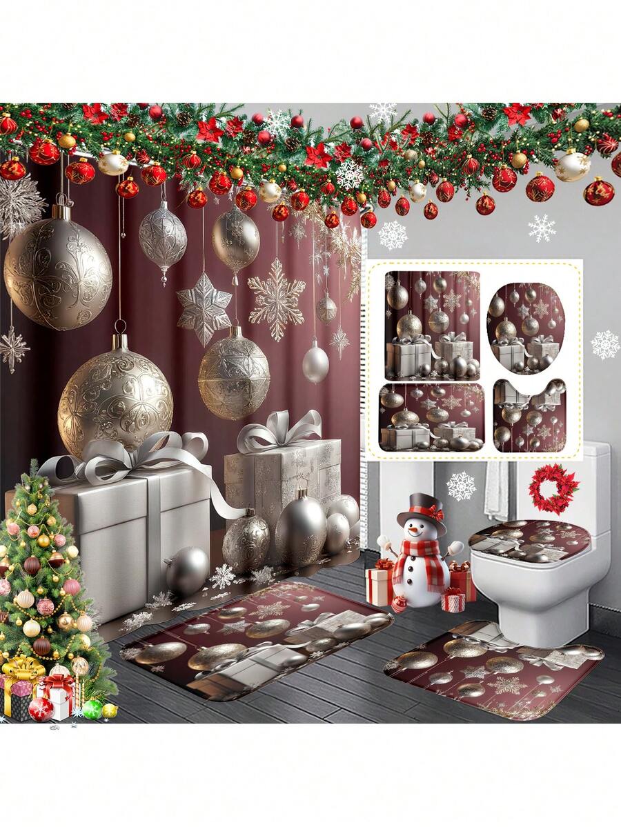 1 pieza/4 piezas Caja de regalo con bola de adorno de Navidad de lujo con tema plateado, decoración del hogar y del baño para Año Nuevo, cortina de ducha con 12 ganchos, alfombra de baño, alfombrilla en forma de U para el inodoro, tapa del inodoro, partición de baño, accesorios de baño, decoración de baño