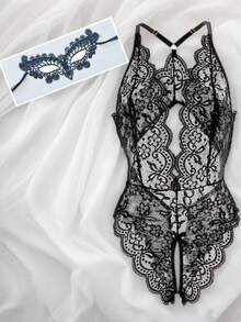 1 件女士性感宽蕾丝刺绣半脸面具眼罩，派对服装化妆舞会道具万圣节 - 黑色 - 查看 4