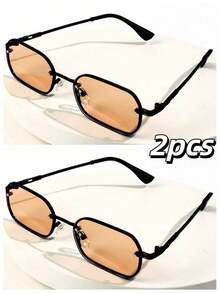 2副男士黑色镜框焦糖色镜片复古方形铜色迷你Y2K经典时尚眼镜，适合日常佩戴、摄影、度假、旅行（附赠眼镜布和眼镜带） - 2set(黑框/淺茶片)(不含盒) - 查看 7