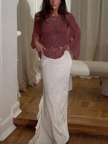 Yuwenier Sexy Hollow Out Sheer Sequin Embellished Crochet Cover-Up Batwing Long Sleeve Loose Fit Tops Rave Party - Burgundy - View 5