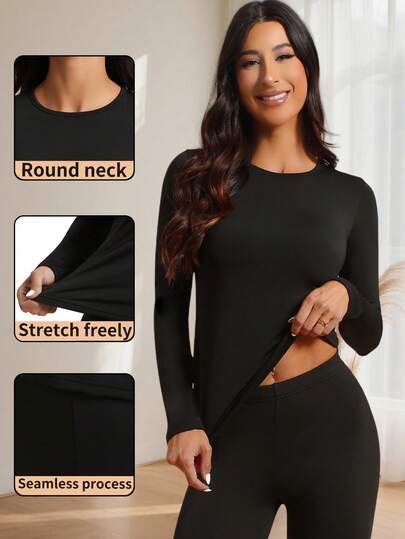 1pc Women Autumn/Winter Fleece Lined Crew Neck Long Sleeve Slim Fit Casual Activewear Base Layer Top, Versatile