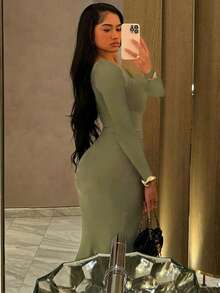 Fashionable Pleated Crew Neck Long Sleeve Bodycon Dress - Green - View 2