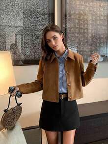 Women's Autumn/Winter Faux Suede Lapel Short Jacket - Brown - View 4