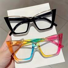 1 Pair Of New Women's Cat Eye Style Glasses Fashion Metal Frame Candy Color Decorative Glasses Unique Large Size Red Glasses Suitable For Daily Use - 咖啡 - 查看 3