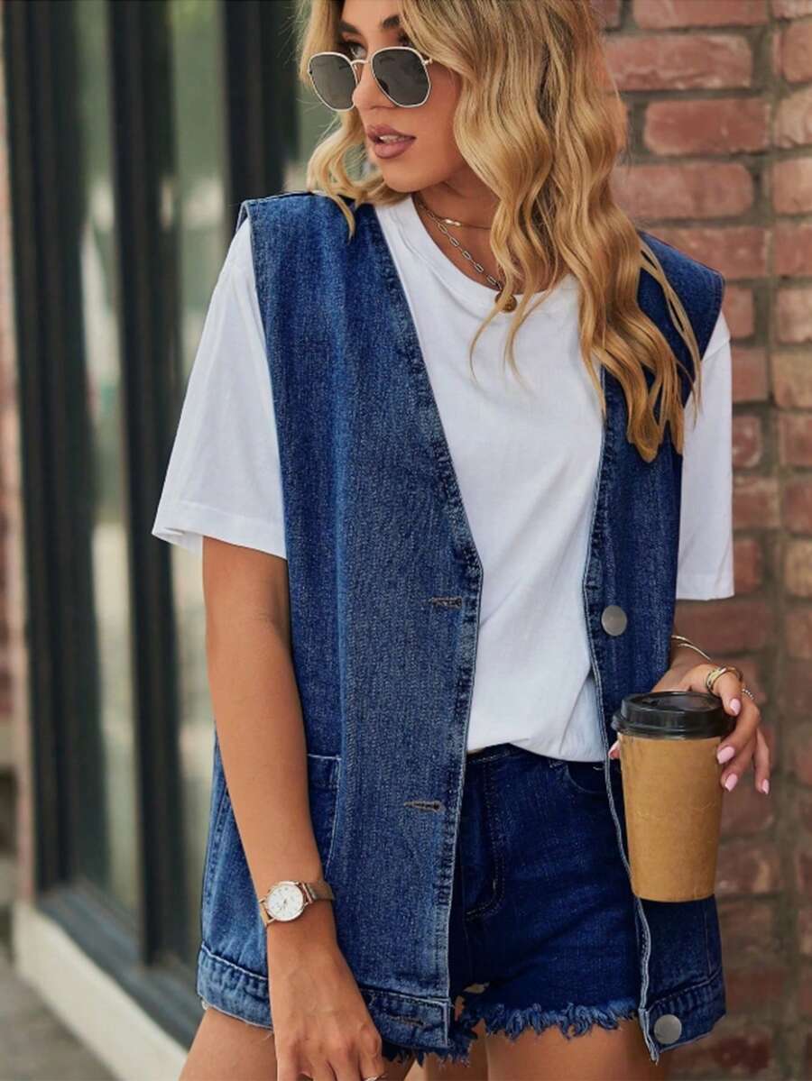 Plus Size Women's Casual Vintage Denim Vest, Versatile Style, Suitable For All Seasons