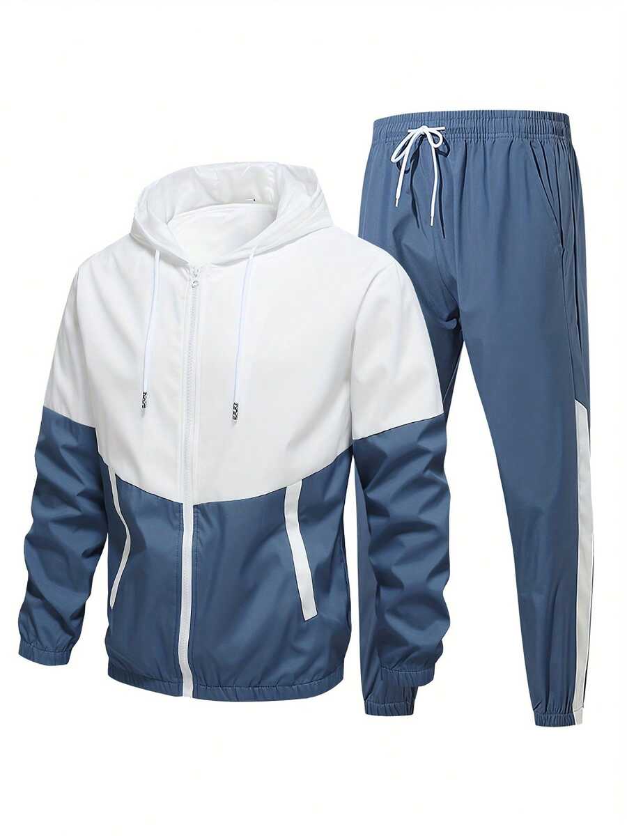 2025 Men'S Teen Spring Autumn Minimalist Tracksuit - Moisture-Wicking Breathable, Long Sleeve & Pants Set, Color Block Hooded Sports Suit, Ideal For Outdoor Hiking, Running & Training, Regular Fit, Solid Color, Non-Stretch Fabric, Lash Sets, Sports Suit, Hooded, Long Sleeve, Pants, Set, For Outdoor