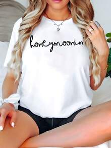 White Honeymoonin' Slogan T - Shirt For Bridal,220g Cotton Women's Casual Printed T-Shirt, Crew Neck Pullover Short-Sleeve