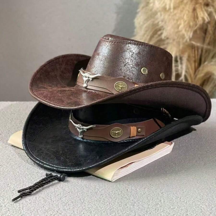 1 pieza Sombrero de vaquero de PU agrietado, material de PU suave, unisex para Halloween, vuelta al colegio, uso diario, viajes, vacaciones, celebraciones y actividades al aire libre