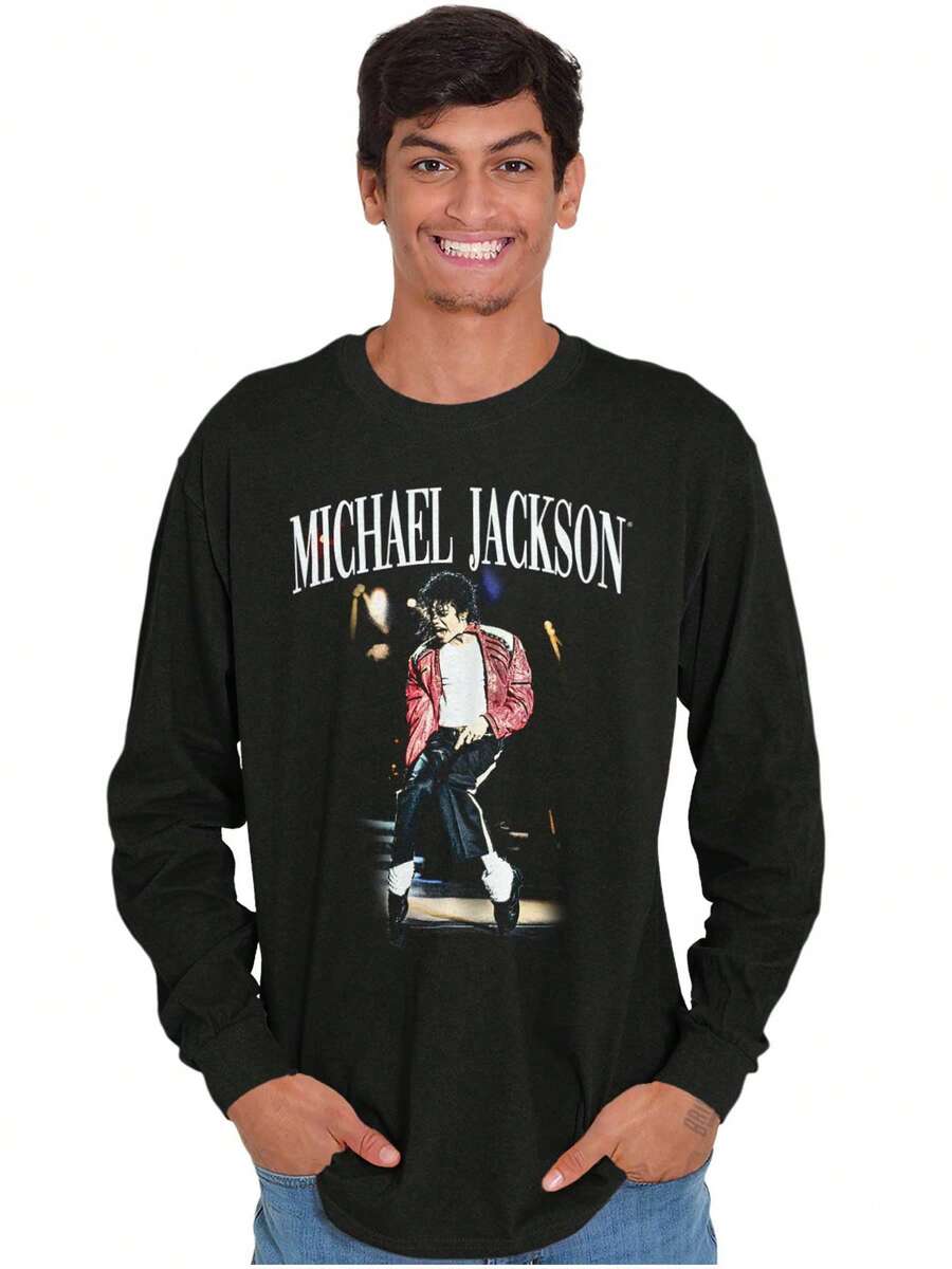 Michael Jackson Long Sleeve Graphic Tee Shirt Vintage The King Of Pop Music Red Leather Thriller Jacket Toe Stand Dance Casual Everyday Cotton Printed Crewneck Tshirt - màu đen - Xem 1