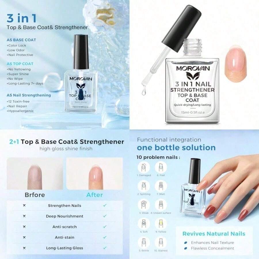 Base Coat Nail Strengthener: 3 IN 1 Nail Growth Top Coat Clear Quick ...