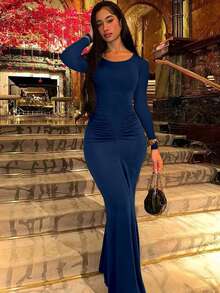 Fashionable Elegant Ruched Round Neck Long Sleeve Bodycon Dress - Navy Blue - View 3