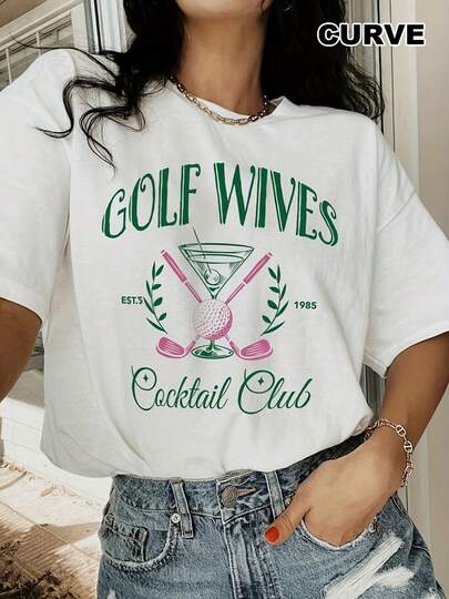 Women's 180g White Cotton Round Neck Short Sleeve T-Shirt With Golf Wives Cocktail Club Est. 1985 Print, Y Summer Tee For Ladies, Casual Golf Humor Graphic Tee, Fashionable Outdoor Sportswear Top For Golf Enthusiasts