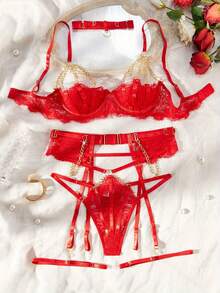 Woman Sexy Lingerie Metal Chain Bra Set Women Red Lace Push Up Bra Hollow Out Garter Belt 4 Piece Erotic Set - 紅色 - 查看 4