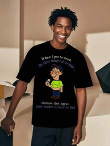 Men's 3D Graphic T-Shirt With Cartoon Character & Humorous Quote Print - Black Casual Summer Tee, Regular Fit Round Neck, Soft Stretch Fabric, Machine Washable, Casual Attire| Playful Design| Durable Casualwear - Black - View 4