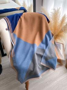 1pc Women Reversible Faux Cashmere Colorblock Pattern Scarf, Fashion Versatile Air-Conditioned Room Blanket Shawl, Thick Warm Accessory Suitable For Daily Use, Autumn/Winter For Dress - Blue - View 3