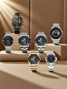 7 件套优雅简约高端时尚休闲商务多功能仿三眼时尚男士手表礼品套装，适合生日、万圣节、秋季礼物