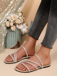 Sandali piatti da donna con decorazioni in cristallo, adatti per appuntamenti, shopping, feste, pendolarismo, vacanze e uso casual in casa