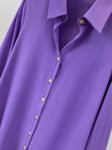 Blus Wanita Lengan Panjang Kerah Kancing Depan Warna Polos, Cocok untuk Musim Gugur, Musim Dingin, dan Musim Semi - Purple - View 8