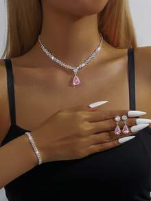 4 Stücke/Set Damen einfacher eleganter Wassertropfen Anhänger Halskette, Ohrringe, Armband Schmuckset, Braut Hochzeitskleid Accessoire, Party/Alltags Tragen