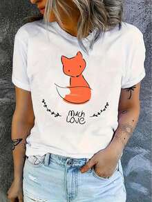 Magliette da donna,english Simple Fox Pattern Print Women's Fashion Round Neck Short Sleeve, Simple Casual Sports T-shirt, Comfortable Summer Top Women's Clothing - Bianco - Visualizzare 1
