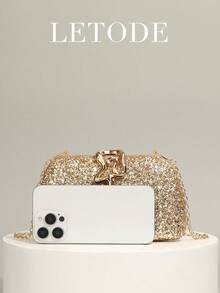 Bộ trang sức đính đá lấp lánh gồm dây chuyền, bông tai và vòng tay, kết hợp với túi xách cầm tay sang trọng, thích hợp cho các bữa tiệc, đám cưới lãng mạn, túi đeo vai mùa xuân/hè, túi cô dâu, các buổi khiêu vũ trang trọng. - Vàng - Xem 8