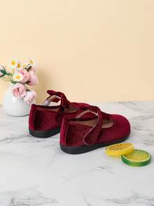 Velvet Bow Decor Everyday Baby Girl Shoes, Suitable For Autumn/Winter - Burgundy - View 5