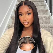 Aopusi 16 Inch Straight Human Hair Wigs 13*4 Straight Lace Front Wigs  Double Drawn  Cut Long Wig Brazilian Hair HD Transparent Lace Frontal Wig - Natural Black - 查看 2