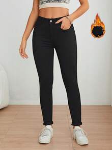 女士冬季休闲水洗黑色修身牛仔裤，加长保暖内衬，高弹力裤型，适合冬季穿着 - 黑色 - 查看 5