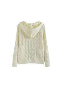 Retro American Style Hooded Knit Cardigan, Double Zipper Cable Knit Sweater Jacket, Lazy College Casual Top For Early Spring