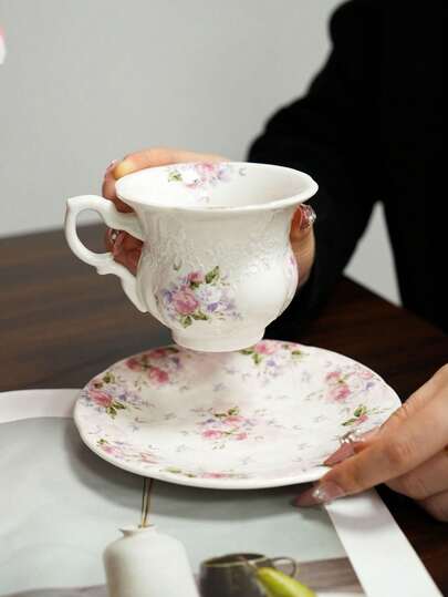 1pc Pink Rose Ceramic Coffee Cup & Saucer Set, French Romantic Floral Relief Teacup & Plate Set, Floral Western Dessert Plate, Home Decor Serving Dish, Suitable For Restaurant, Garden Afternoon Tea, Cafe, Candlelight Dinner, Housewarming, Holiday Gift, Couple Date Tableware