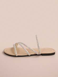 Sandali piatti da donna con decorazioni in cristallo, adatti per appuntamenti, shopping, feste, pendolarismo, vacanze e uso casual in casa